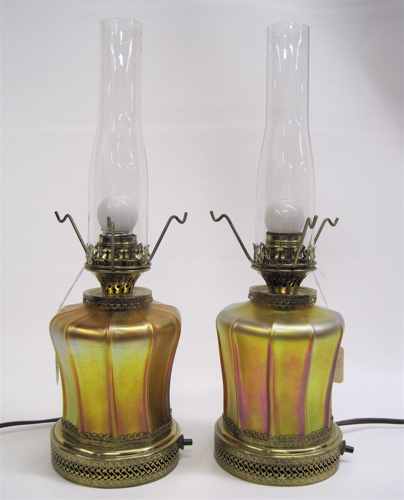 Appraisal: PAIR STEUBEN AURENE GOLD IRIDESCENT TABLE LAMPS electrified with brass