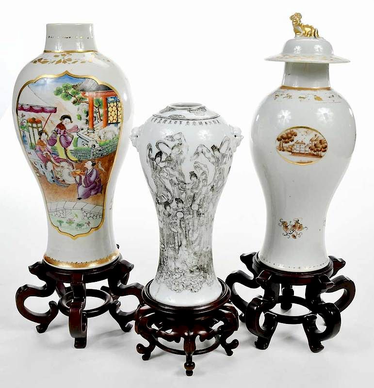 Appraisal: Three Chinese Baluster Form Vases with Stands Qing dynasty gilt