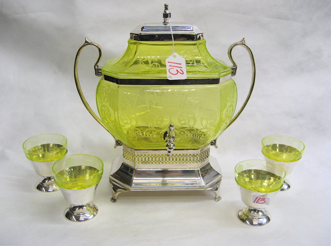 Appraisal: VASELINE GLASS SILVER PLATE LEMONADE SERVICE pieces double handled covered