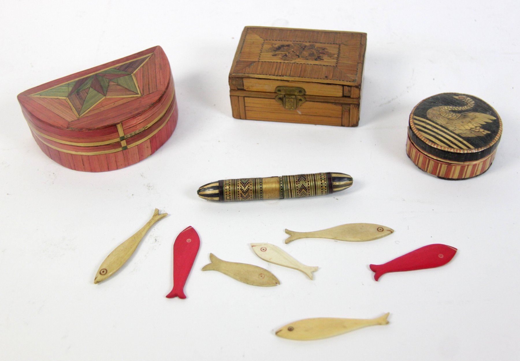 Appraisal: Three straw work boxes a needle case and other wooden