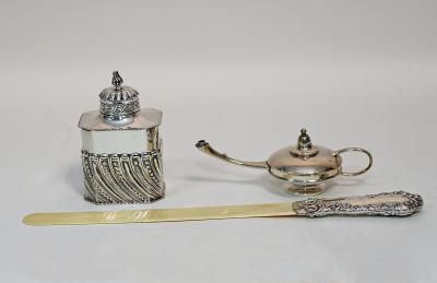 Appraisal: A silver embossed tea caddy and cover London a silver