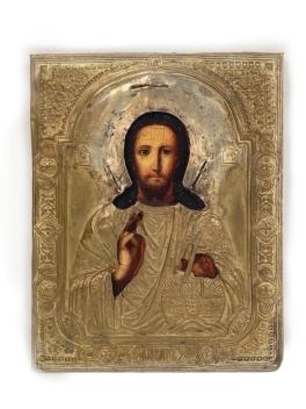 Appraisal: RUSSIAN ORTHODOX RELIGIOUS ICON WITH GILT SILVER OKLAD CHRIST PANTOCRATOR