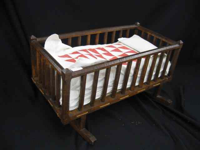 Appraisal: th Century Tiger Maple Doll Cradle rope bed '' long