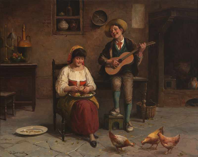 Appraisal: Jules Zermati fl - Italian Man Serenading a Woman Peeling