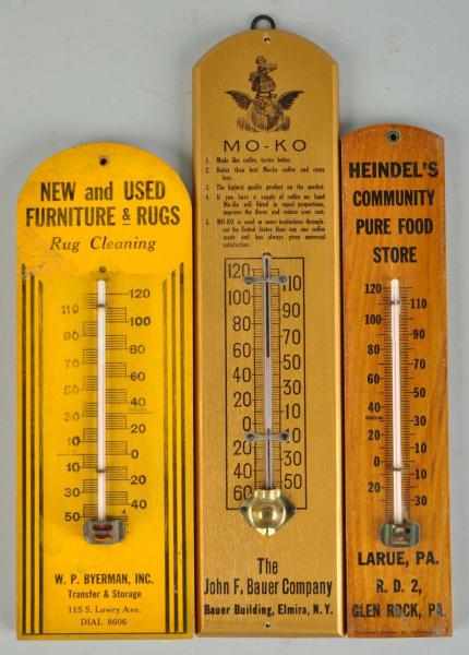 Appraisal: Lot of Wooden Advertising Thermometers Description Includes Mo-Ko Building Byerman