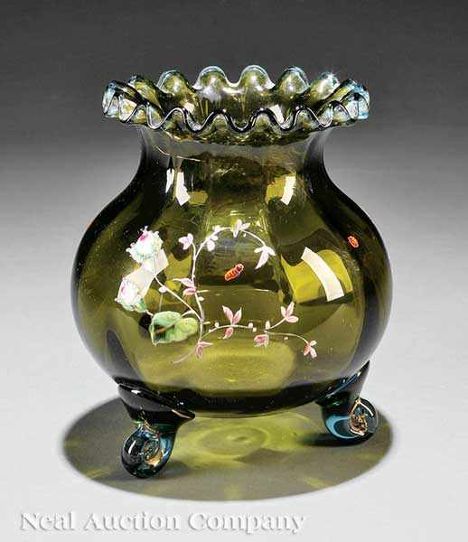 Appraisal: A Moser Enameled Green Glass Vase late th early th