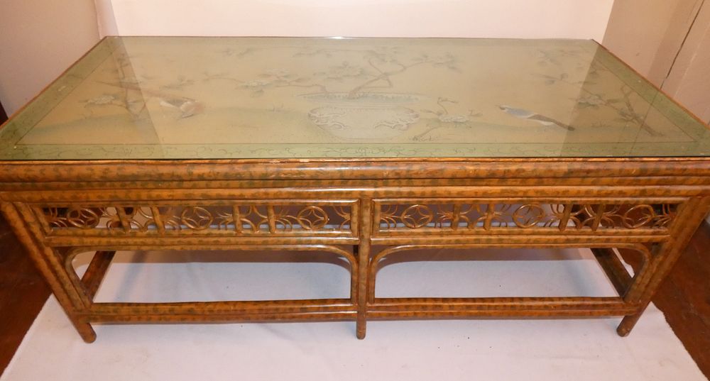 Appraisal: ASIAN BAMBOO PAINTED COFFEE TABLE Old bamboo coffee table with