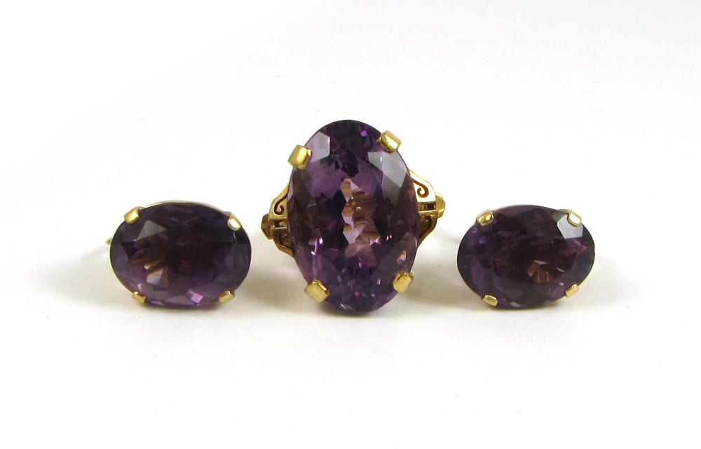 Appraisal: AMETHYST AND FOURTEEN KARAT GOLD RING AND EAR STUDS including