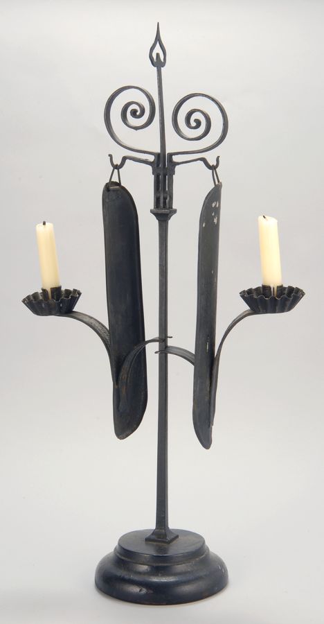 Appraisal: WROUGHT IRON AND TIN DOUBLE CANDLE LAMP Pennsylvania First Half