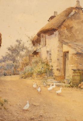 Appraisal: Harry E James c - c Geese by a Cottage