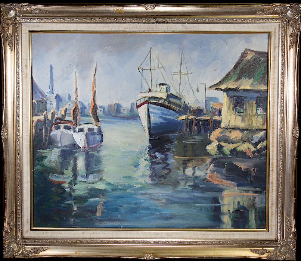 Appraisal: Riess Signed Gloucester Harbor Painting Riess Signed Gloucester Harbor Painting