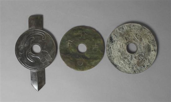 Appraisal: A Group of Three Chinese Carved Jade Discs Length of