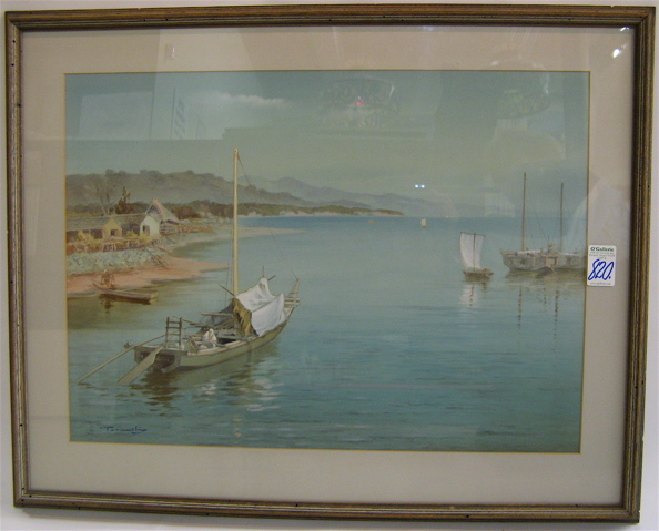 Appraisal: MANJIRO TERAUCHI WATERCOLOR ON PAPER Japanese - Harbor scene with