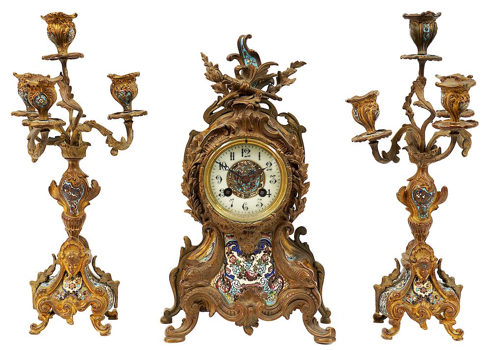 Appraisal: French Louis XV Style Champleve Garniture Set French champleve garniture