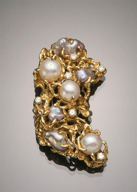 Appraisal: -Karat Yellow-Gold Baroque Pearl and Diamond Brooch Arthur King The