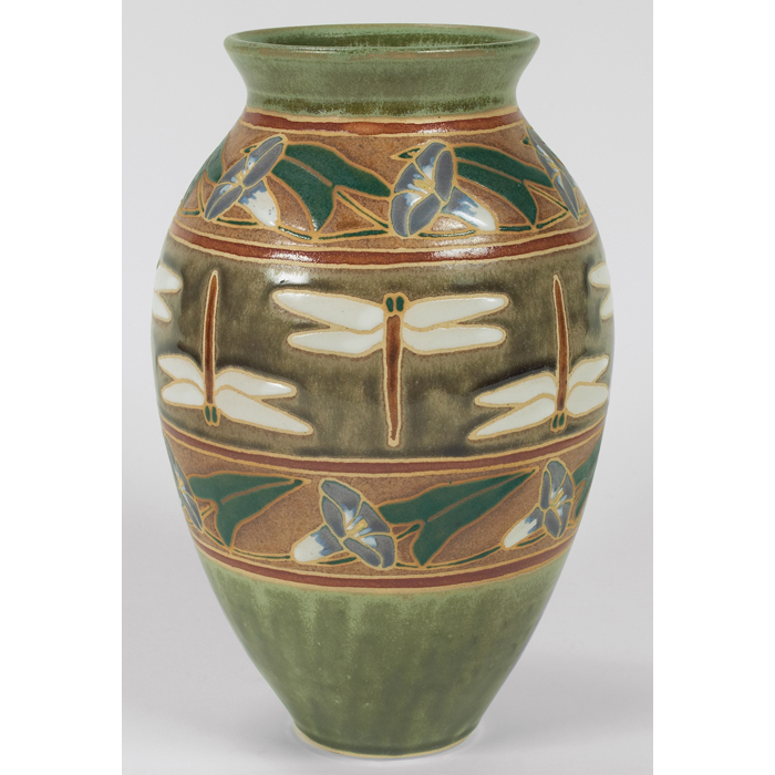 Appraisal: Common Ground Pottery vase contemporary bulbous shape with dragonflies and