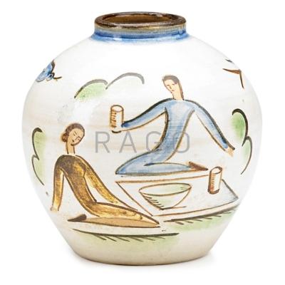 Appraisal: MAIJA GROTELL Small ceramic vase decorated with picnic scene Henry