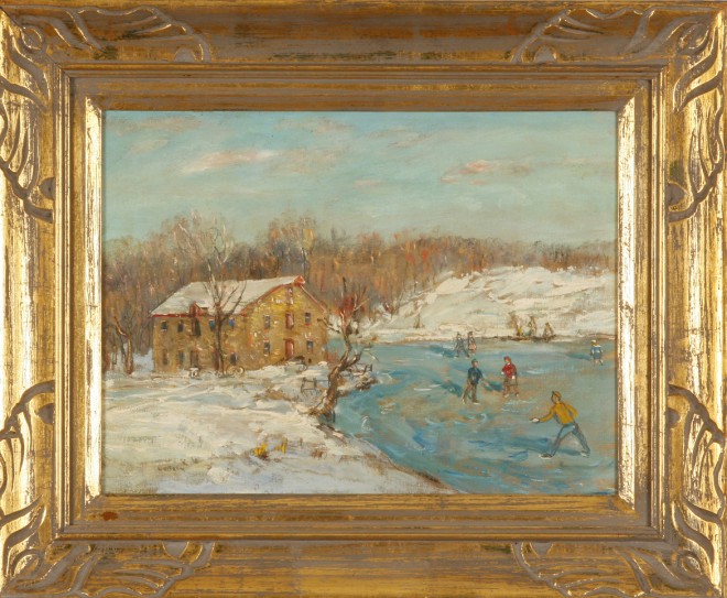 Appraisal: Winter landscape with ice skaters x oil on canvas board