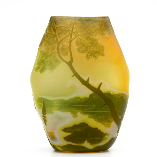 Appraisal: LEGRAS Scenic cameo vase with wooded lakeland scene with sailboats