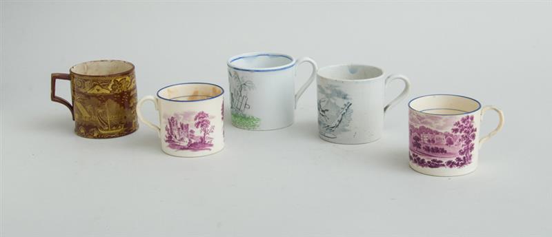 Appraisal: GROUP OF FIVE STAFFORDSHIRE TRANSFER-PRINTED CHILD'S MUGS Comprising two similar