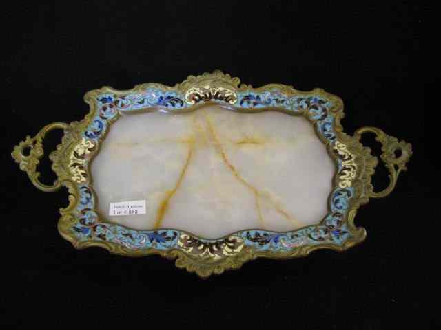 Appraisal: French Bronze Champleve Enamel Tray onyx insert footed handled ''