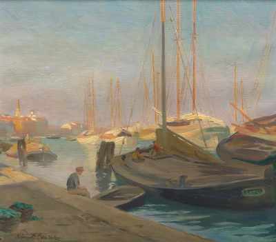 Appraisal: Alphaeus Philemon Cole American - Harbor Scene Oil on canvas