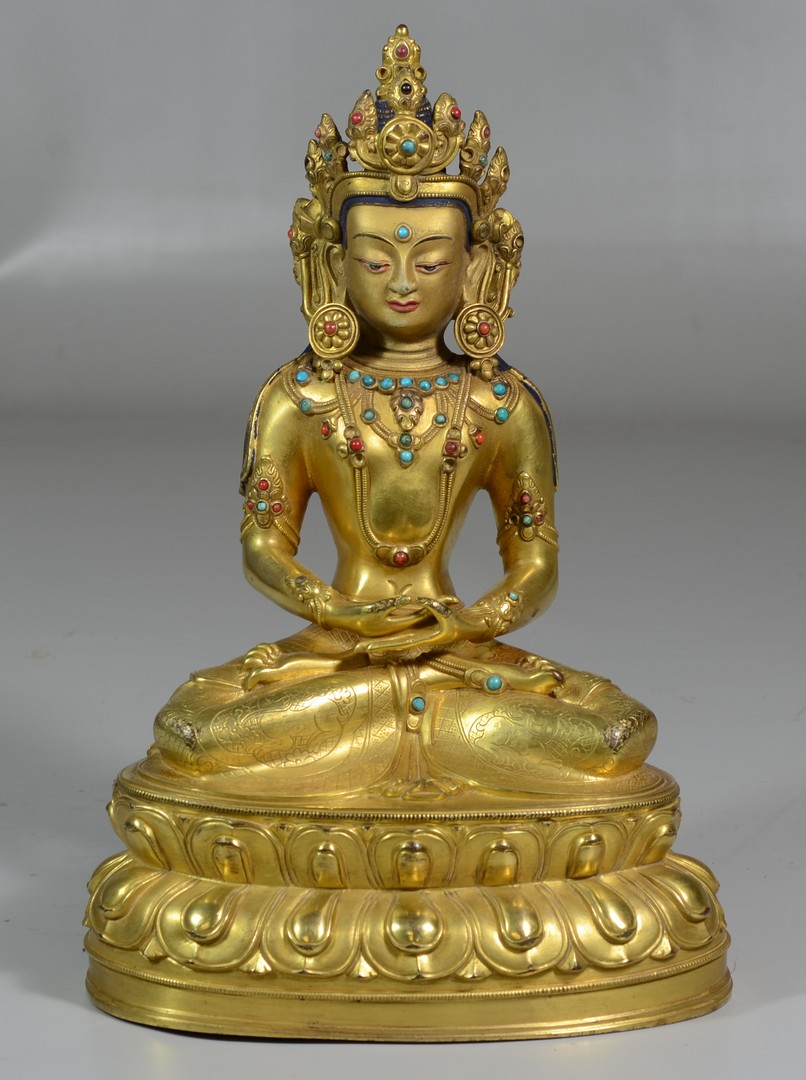 Appraisal: Sino-Tibetan gilt bronze jeweled Buddha set with turquoise and coral