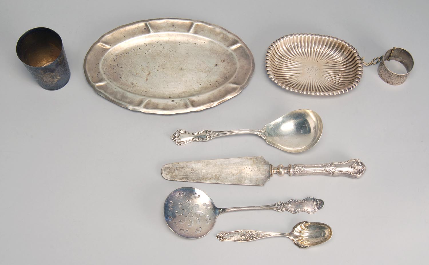 Appraisal: EIGHT STERLING SILVER AND SILVER PLATED FLATWARE AND HOLLOWWARE PIECES