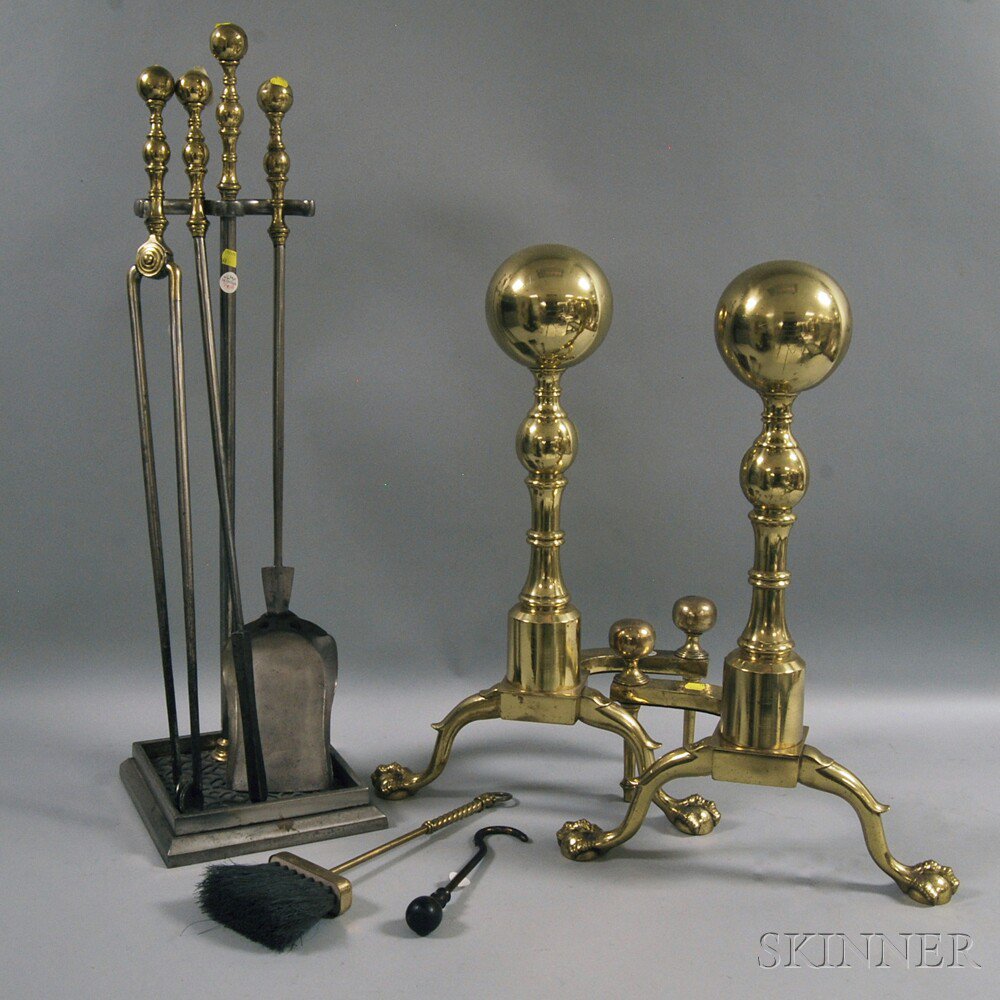 Appraisal: Pair of Large Brass Ball-top Andirons Five Fireplace Tools and