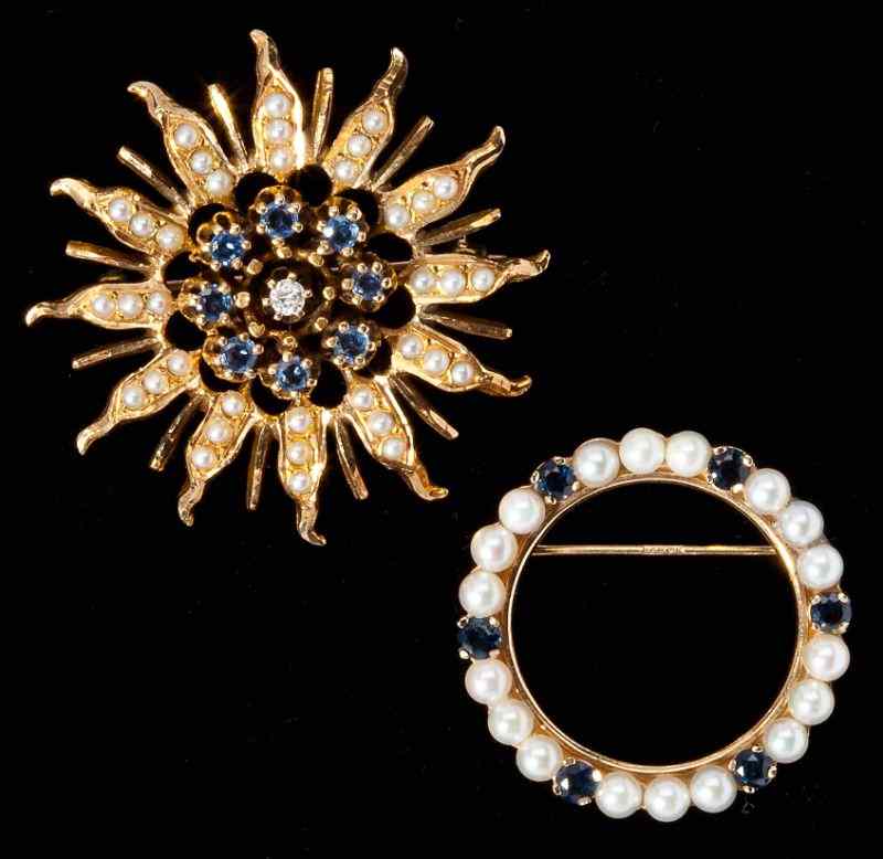 Appraisal: Two Vintage Pearl Sapphire and Diamond Broochesthe first designed in