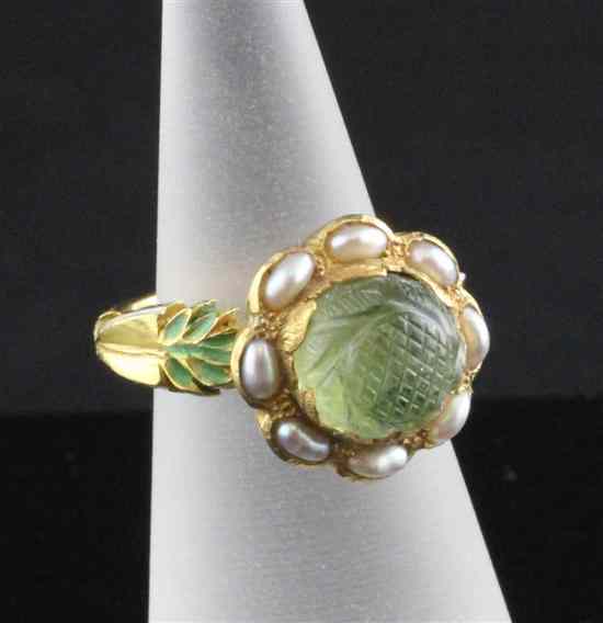 Appraisal: A th century Indian gold enamel pearl and carved emerald