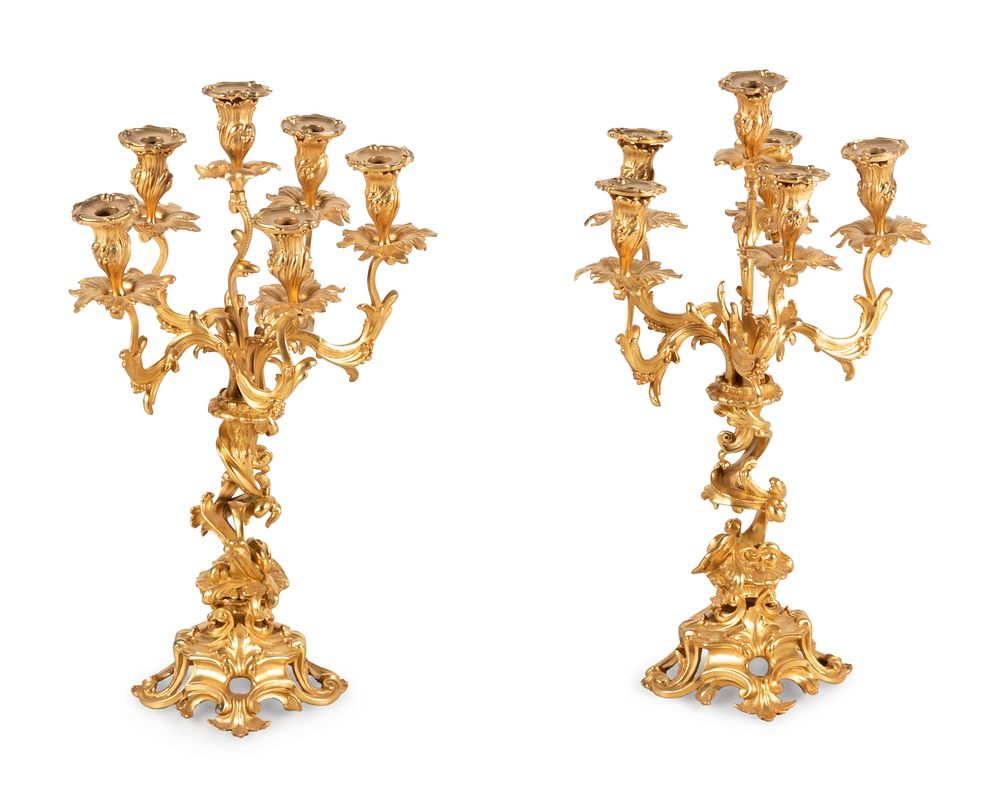 Appraisal: A Pair of Louis XV Style Gilt Bronze Six-Light Candelabra