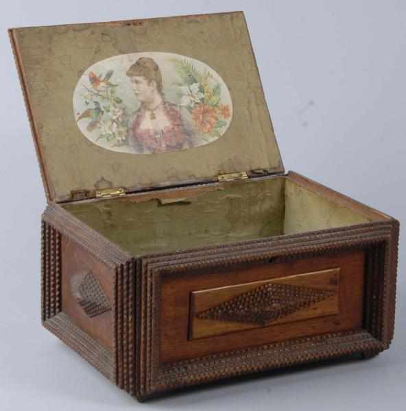 Appraisal: Tramp Art Cigar Box with Lion Brass Pull Description s