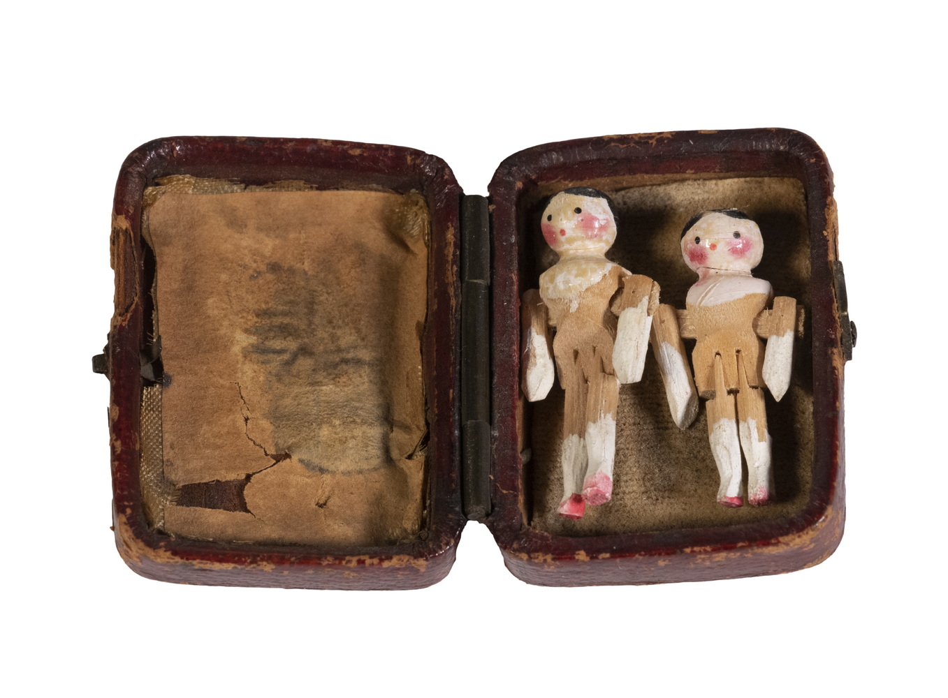 Appraisal: PR MINIATURE ARTICULATED DOLLS IN LEATHER CASE Pair of th