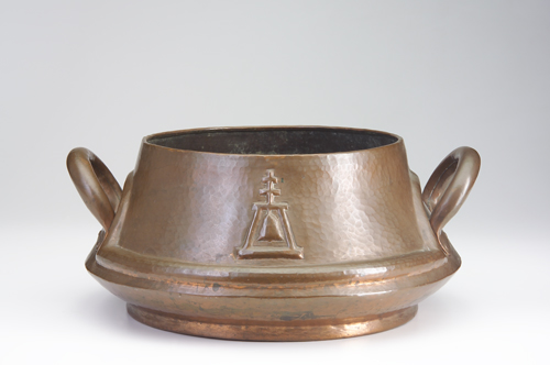 Appraisal: STICKLEY BROTHERS Hammered copper two-handled jardiniere for the Mission Inn