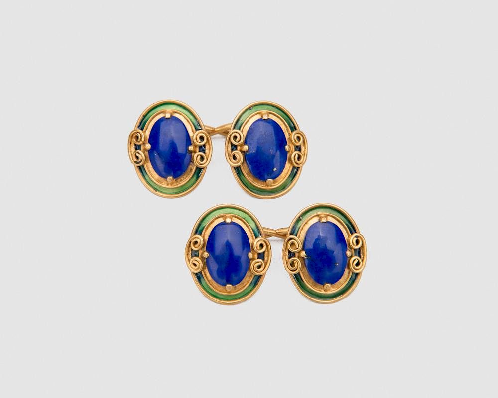 Appraisal: TIFFANY CO K Yellow Gold Lapis and Enamel Cufflinks TIFFANY