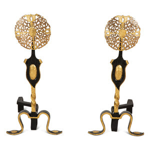 Appraisal: A Pair of Black and Gilt Painted Andirons th th