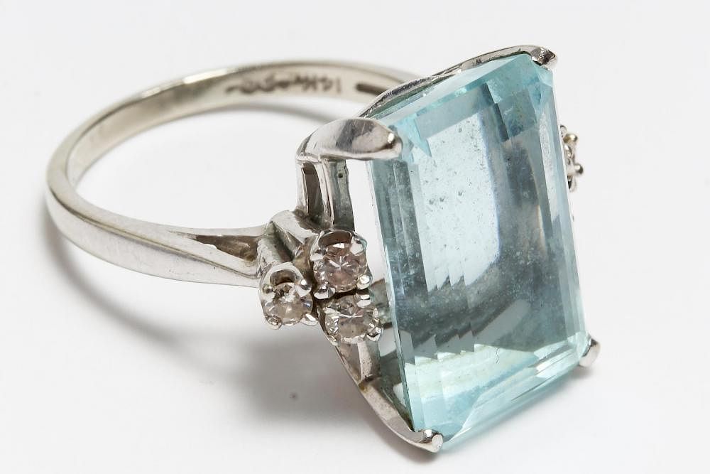 Appraisal: Aquamarine Diamond Cocktail Ring K White Gold Emerald-cut aquamarine flanked