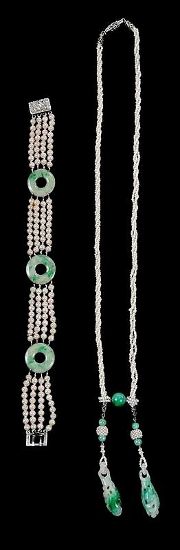 Appraisal: kt Jade and Pearl Necklace and Bracelet necklace carved jade