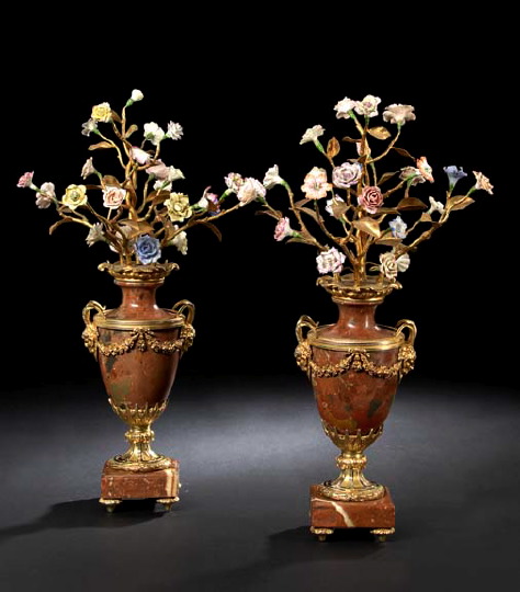 Appraisal: Pair of French Gilt-Lacquered Brass- and Porcelain-Mounted Rouge Royale Marble