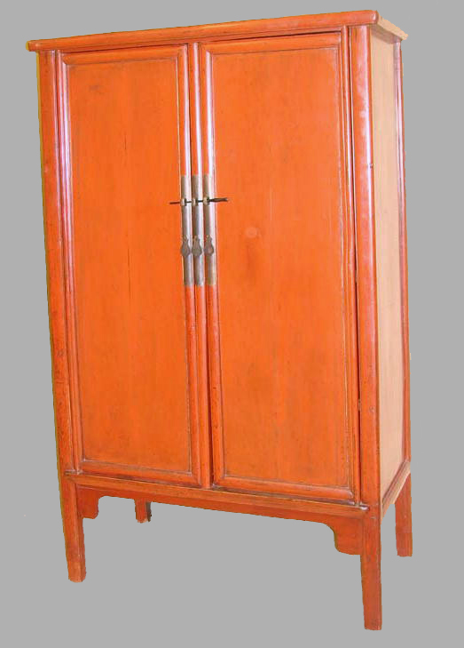 Appraisal: CHINESE CABINET Red lacquer cabinet with mortised construction Two blind