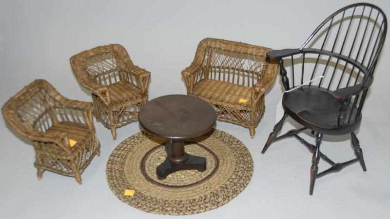 Appraisal: Six Doll Accessories Three piece Rattan set windsor-type chair round