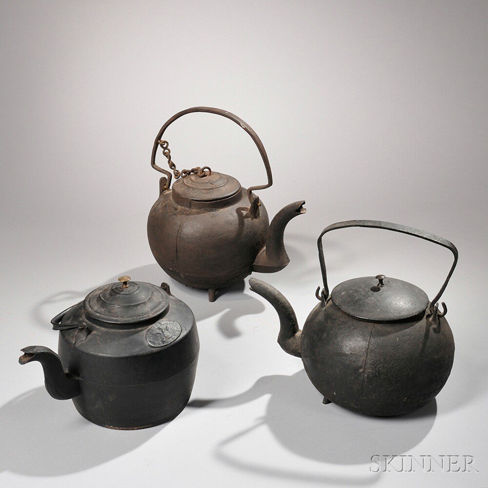 Appraisal: Three Cast Iron Hearth Kettles America th century one vessel