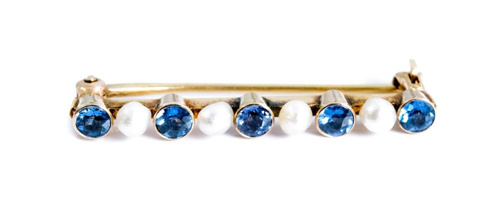 Appraisal: K YELLOW GOLD SAPPHIRE PEARL SCARF PIN k yellow gold