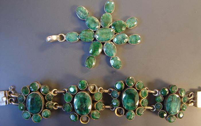 Appraisal: Sterling and Emerald Bracelet and Pendant Chunky bracelet with large