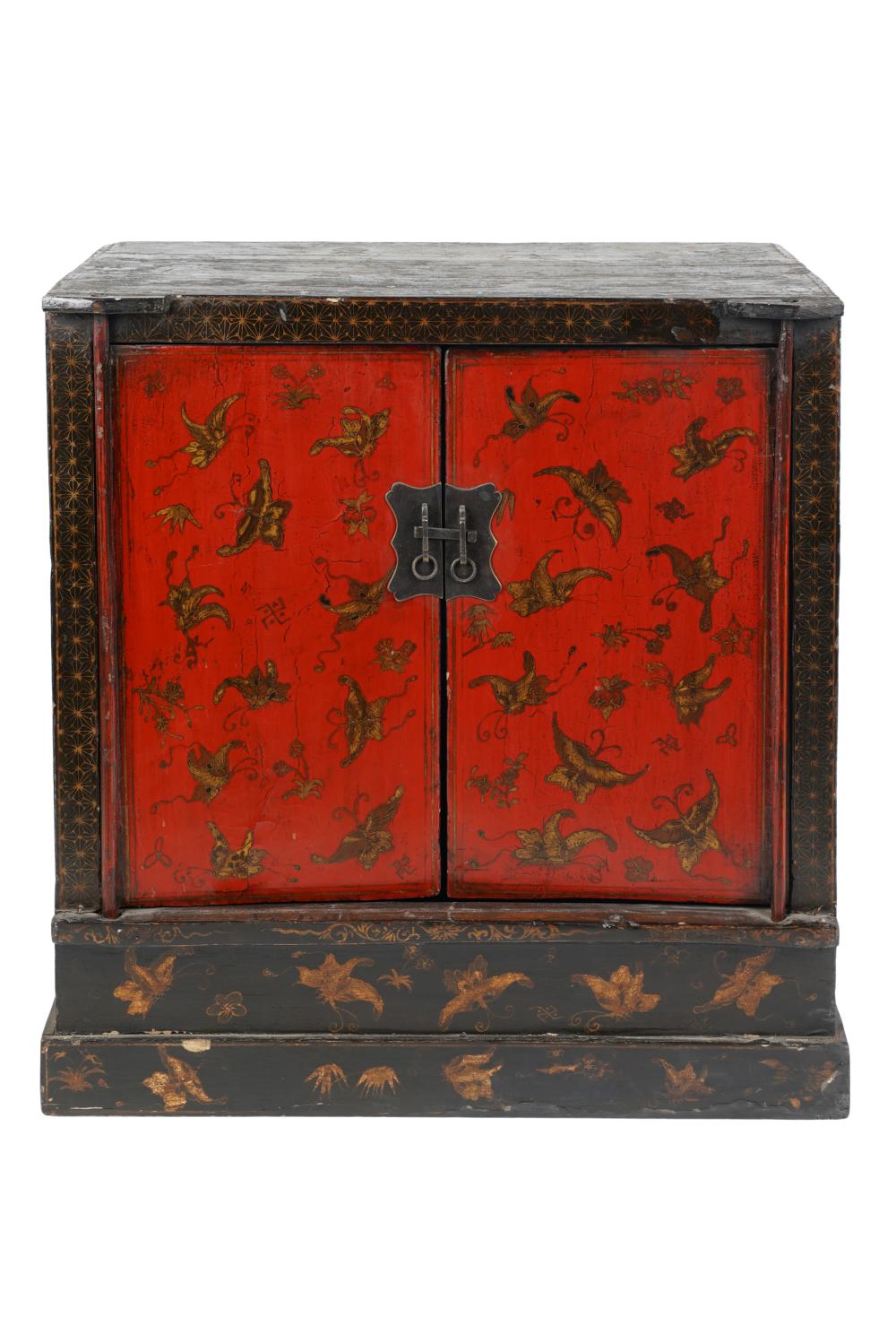 Appraisal: CHINESE RED-LACQUERED CABINETwith two hinged doors enclosing a shelf inches