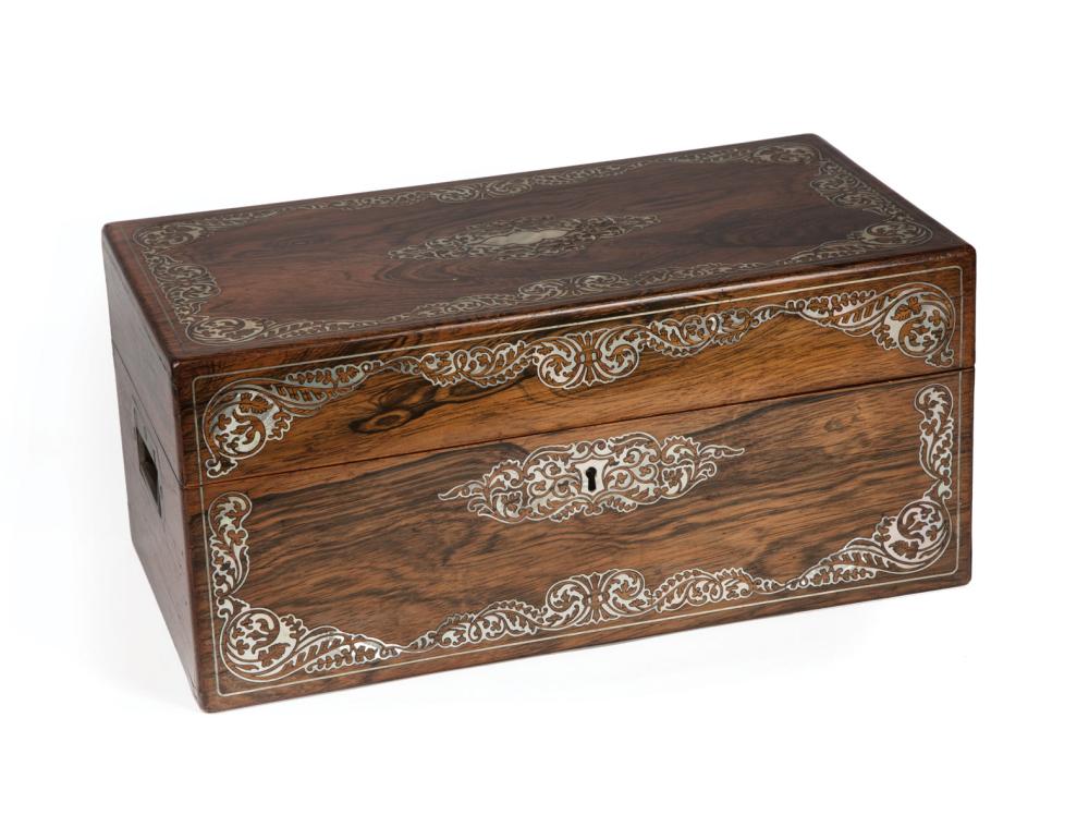 Appraisal: Large English Mother-of-Pearl Inlaid Rosewood Tea Caddy velvet-lined interior fitted