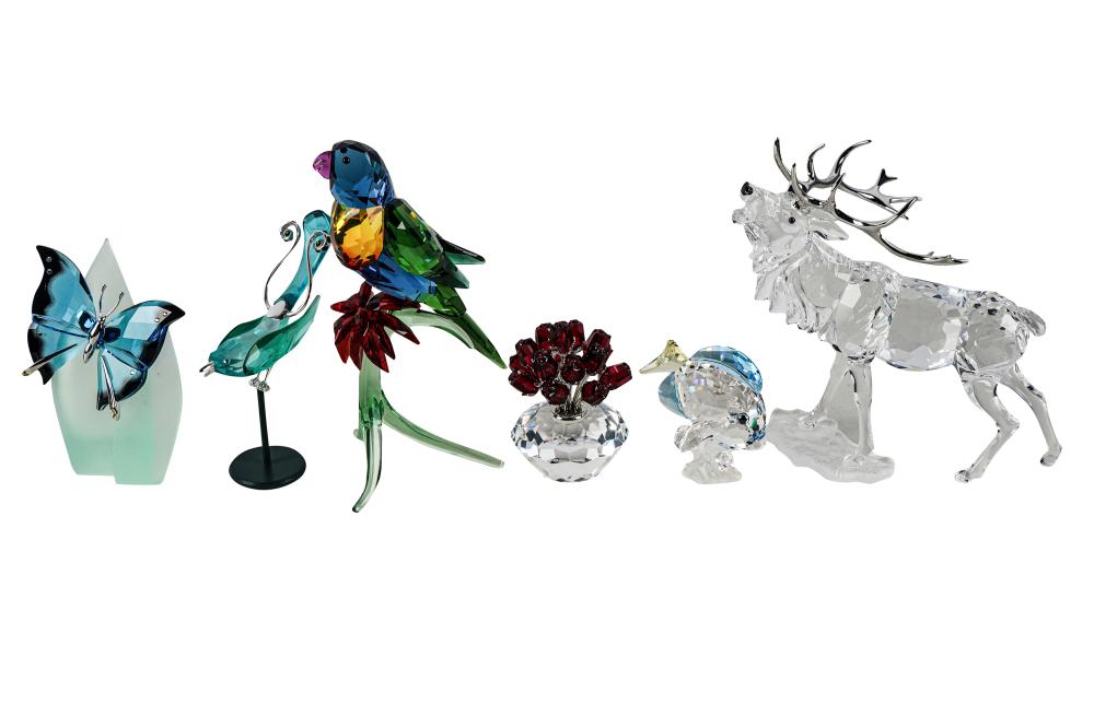 Appraisal: SIX SWAROVSKI FIGURESComprising Stag Rainbow Lorikeet Blue Tang Fish Antique