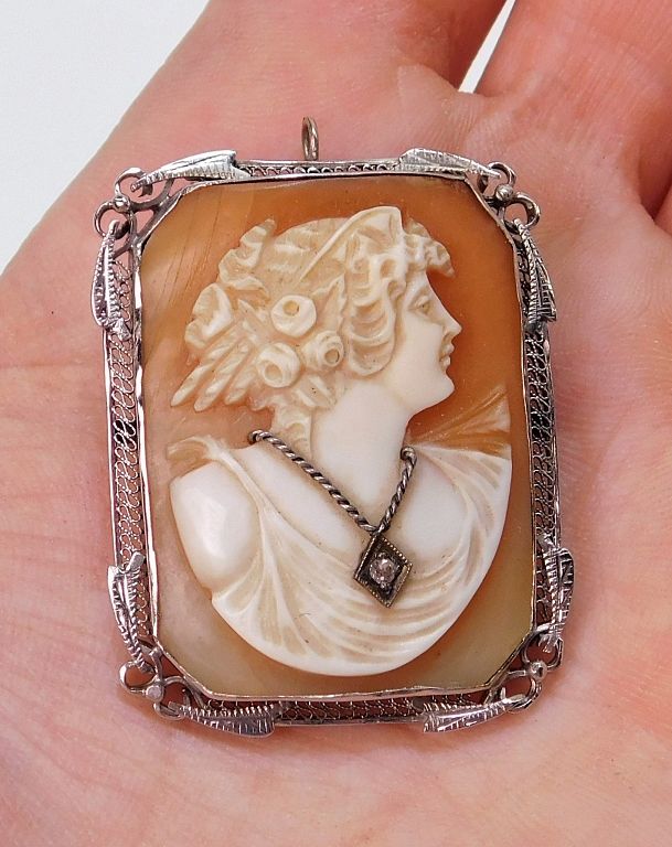 Appraisal: Art Deco White Gold Diamond Cameo Brooch United States Art