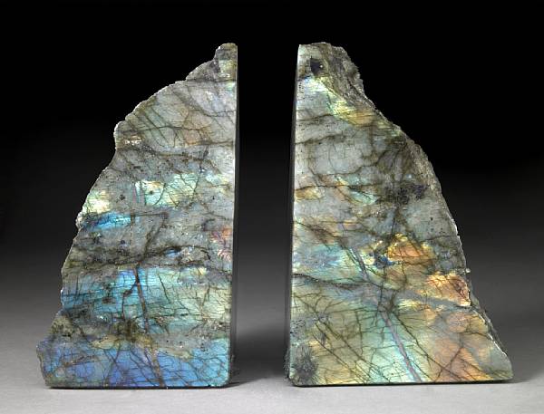 Appraisal: Pair of Labradorite Bookends Madagascar A book-matched pair of halves